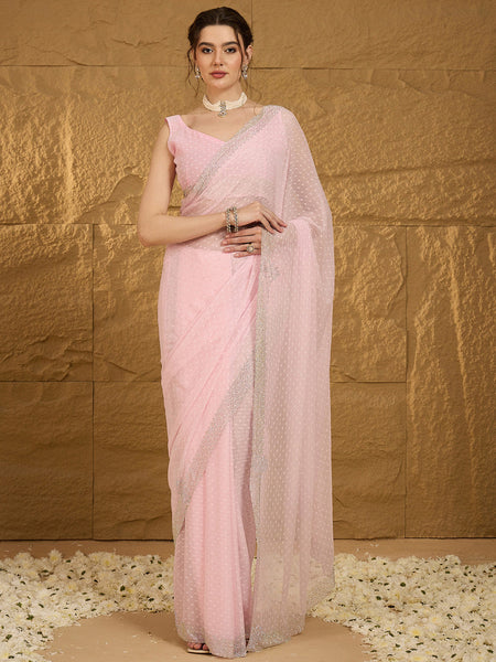 NOZ2TOZ Women's Chiffon Pink Embellished Designer Saree With Blouse Piece - Distacart