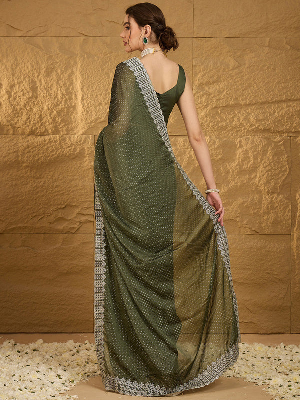 NOZ2TOZ Women's Chiffon Olive Embroidered Designer Saree With Blouse Piece - Distacart
