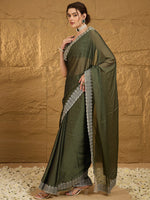 Thumbnail for NOZ2TOZ Women's Chiffon Olive Embroidered Designer Saree With Blouse Piece - Distacart