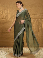 Thumbnail for NOZ2TOZ Women's Chiffon Olive Embroidered Designer Saree With Blouse Piece - Distacart