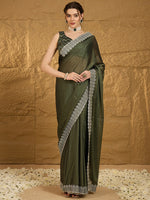 Thumbnail for NOZ2TOZ Women's Chiffon Olive Embroidered Designer Saree With Blouse Piece - Distacart