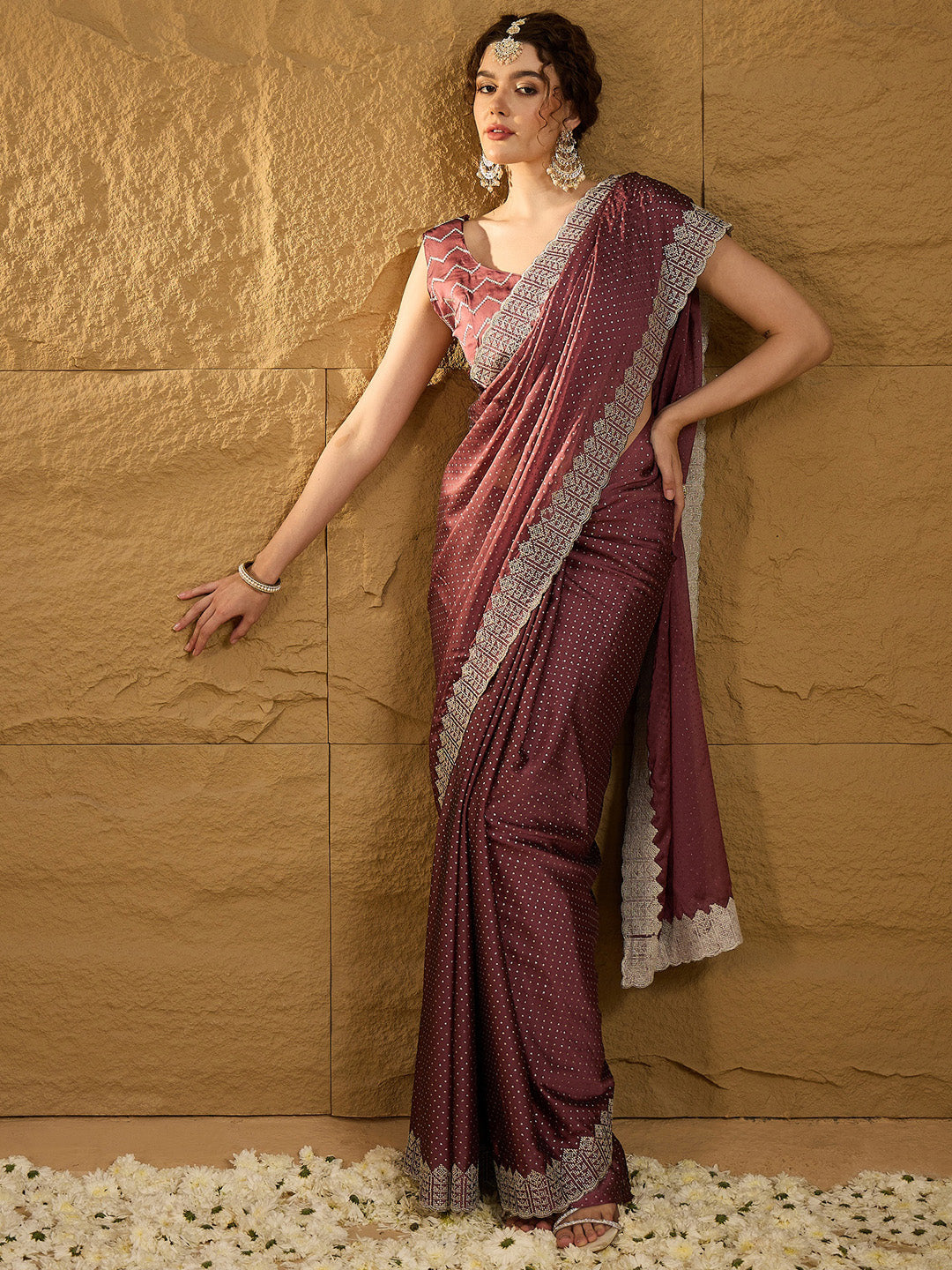 NOZ2TOZ Women's Chiffon Burgundy Embroidered Designer Saree With Blouse Piece - Distacart