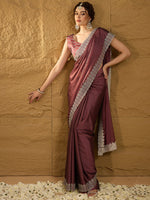 Thumbnail for NOZ2TOZ Women's Chiffon Burgundy Embroidered Designer Saree With Blouse Piece - Distacart
