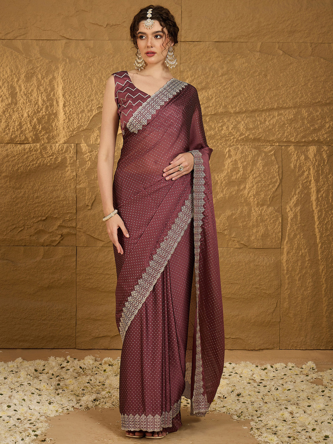 NOZ2TOZ Women's Chiffon Burgundy Embroidered Designer Saree With Blouse Piece - Distacart