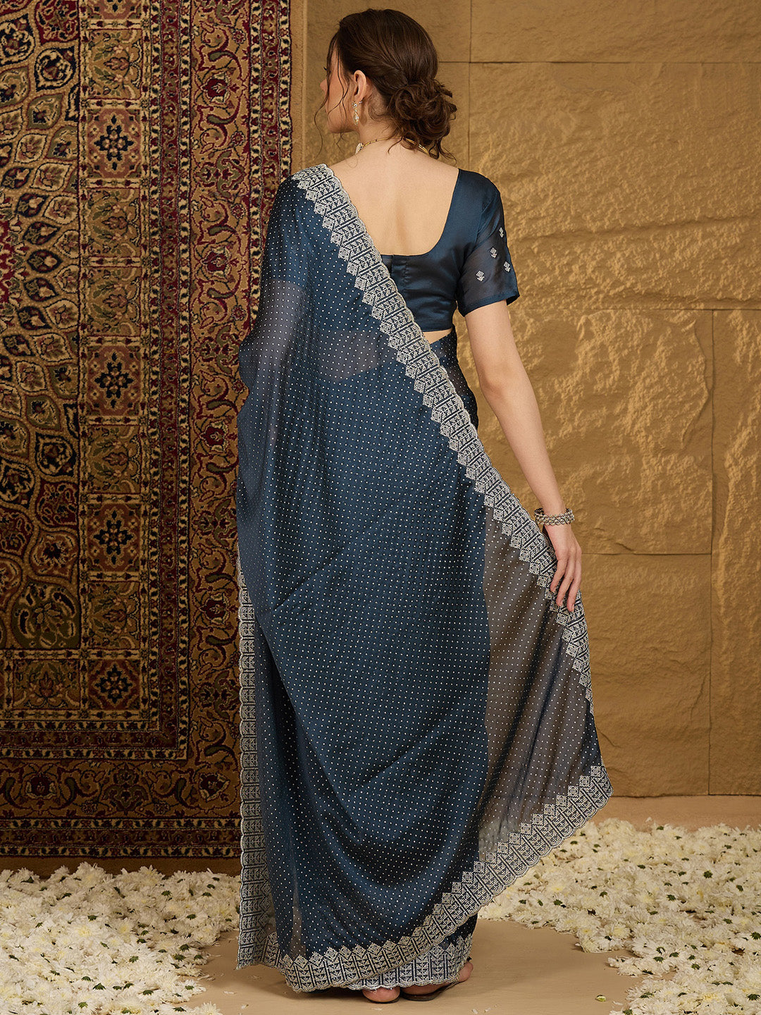 NOZ2TOZ Women's Chiffon Navy Blue Embroidered Designer Saree With Blouse Piece - Distacart