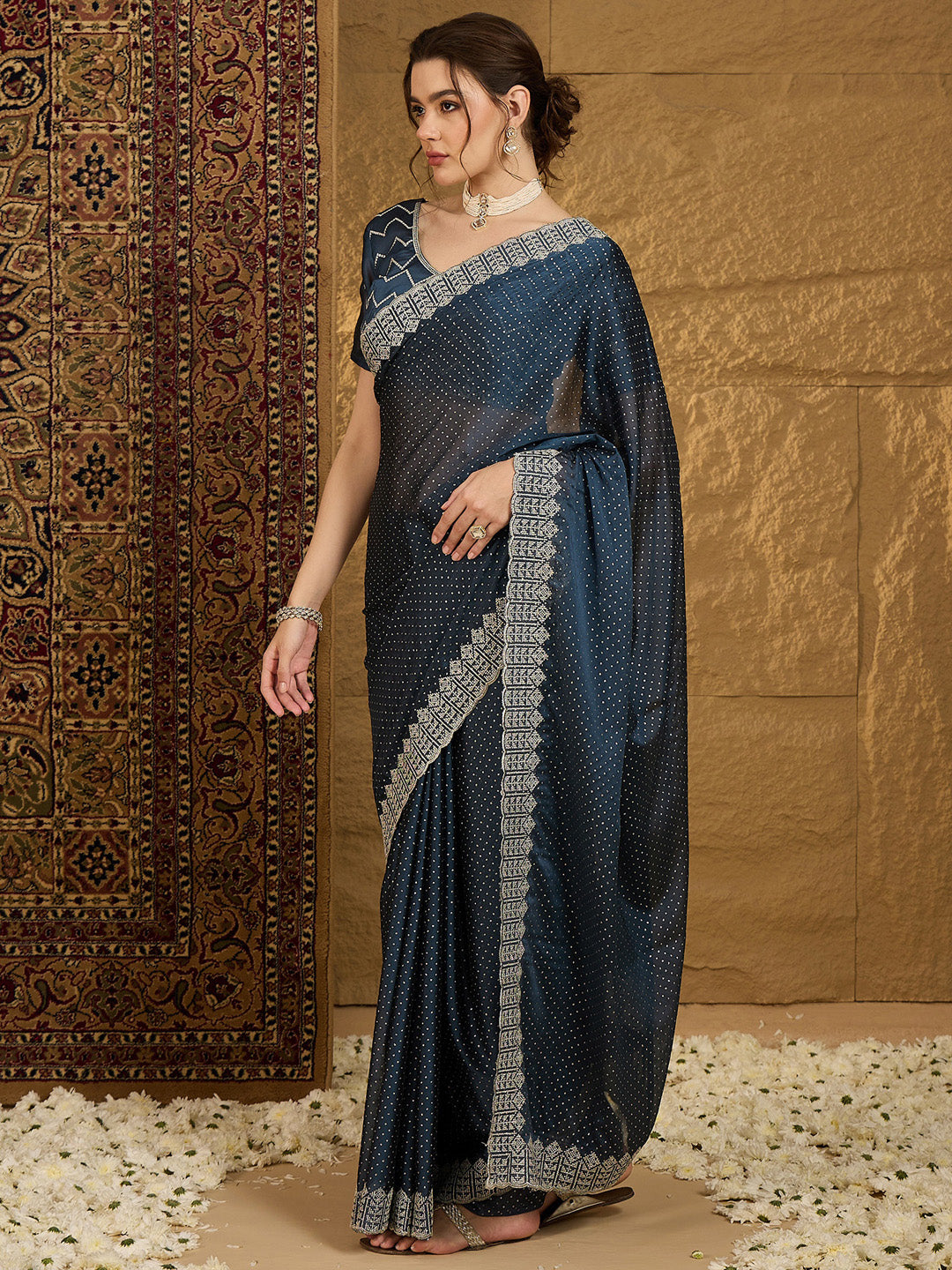 NOZ2TOZ Women's Chiffon Navy Blue Embroidered Designer Saree With Blouse Piece - Distacart