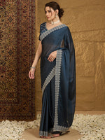 Thumbnail for NOZ2TOZ Women's Chiffon Navy Blue Embroidered Designer Saree With Blouse Piece - Distacart