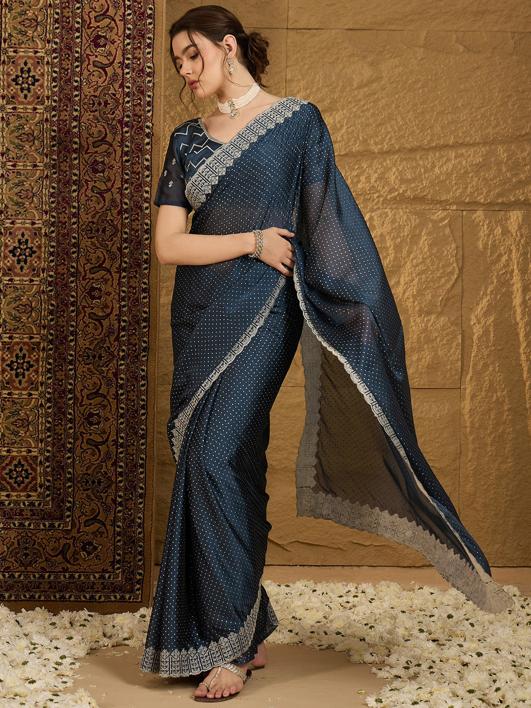 NOZ2TOZ Women's Chiffon Navy Blue Embroidered Designer Saree With Blouse Piece - Distacart