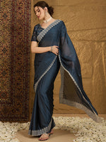 Thumbnail for NOZ2TOZ Women's Chiffon Navy Blue Embroidered Designer Saree With Blouse Piece - Distacart
