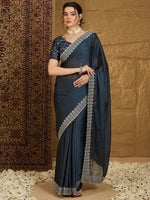 Thumbnail for NOZ2TOZ Women's Chiffon Navy Blue Embroidered Designer Saree With Blouse Piece - Distacart