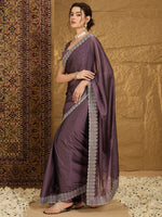Thumbnail for NOZ2TOZ Women's Chiffon Violet Embroidered Designer Saree With Blouse Piece - Distacart