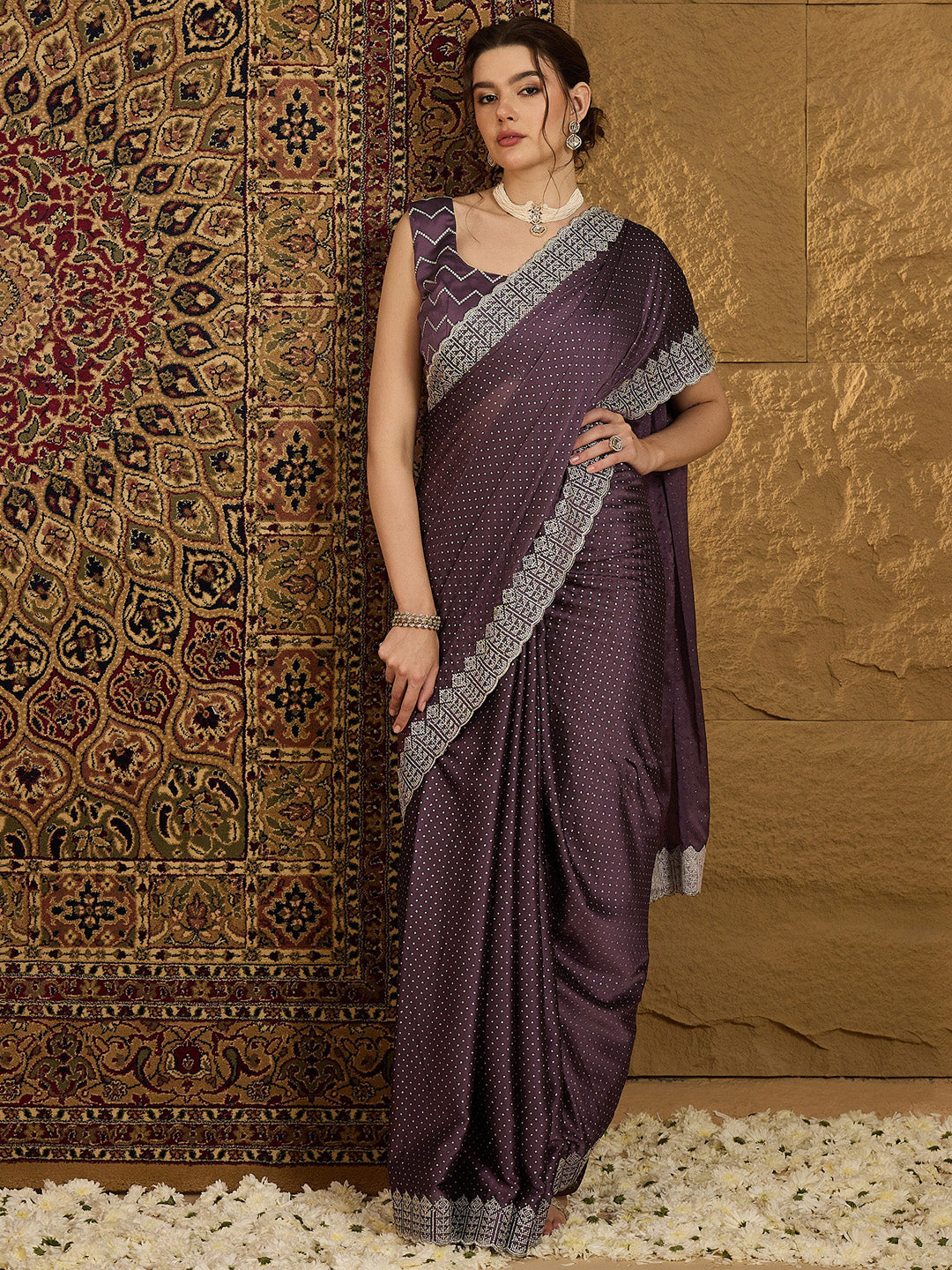 NOZ2TOZ Women's Chiffon Violet Embroidered Designer Saree With Blouse Piece - Distacart