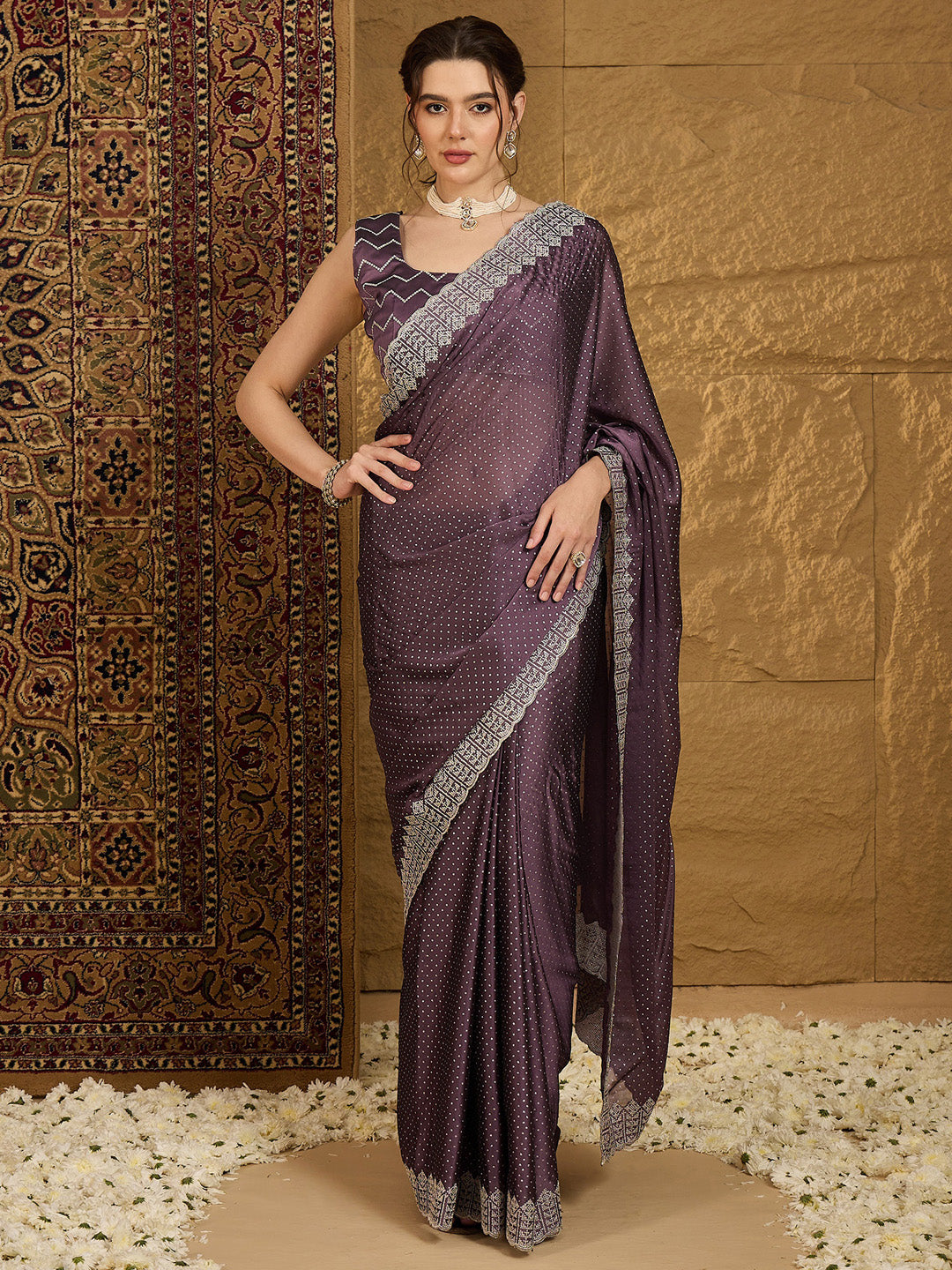 NOZ2TOZ Women's Chiffon Violet Embroidered Designer Saree With Blouse Piece - Distacart
