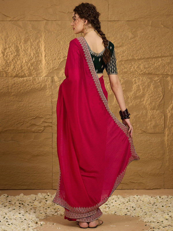 NOZ2TOZ Women's Vichitra Silk Pink Embroidered Designer Saree With Blouse Piece - Distacart