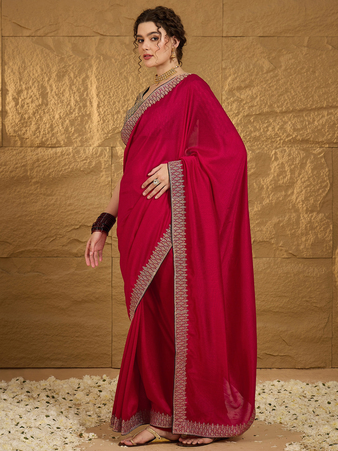 NOZ2TOZ Women's Vichitra Silk Pink Embroidered Designer Saree With Blouse Piece - Distacart