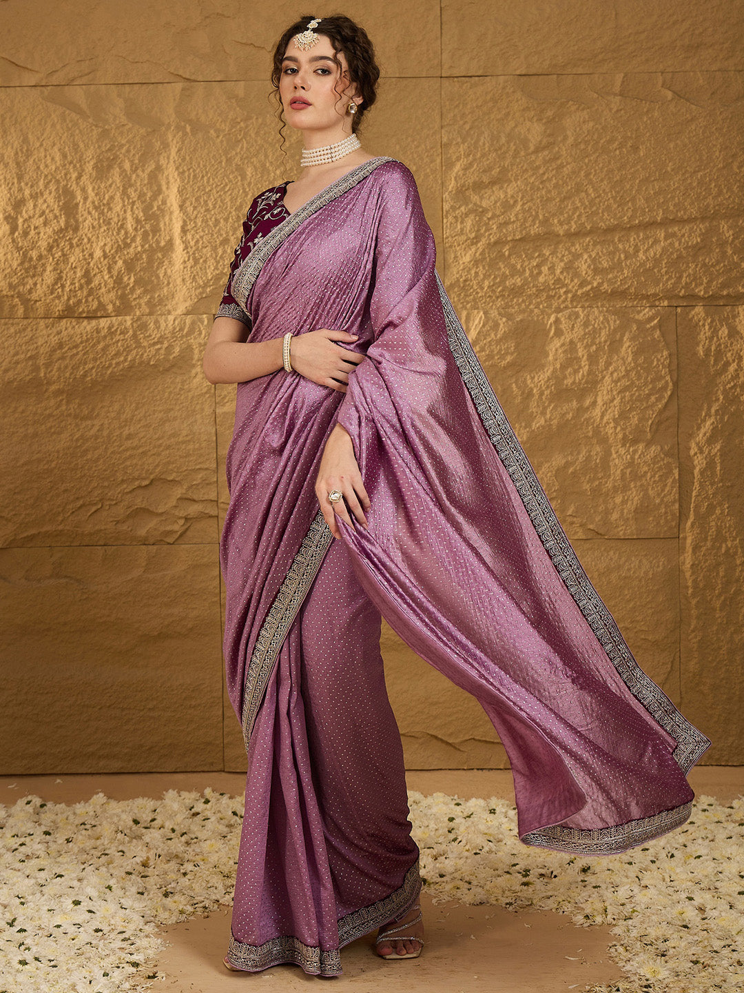 NOZ2TOZ Women's Vichitra Silk Mauve Embroidered Designer Saree With Blouse Piece - Distacart