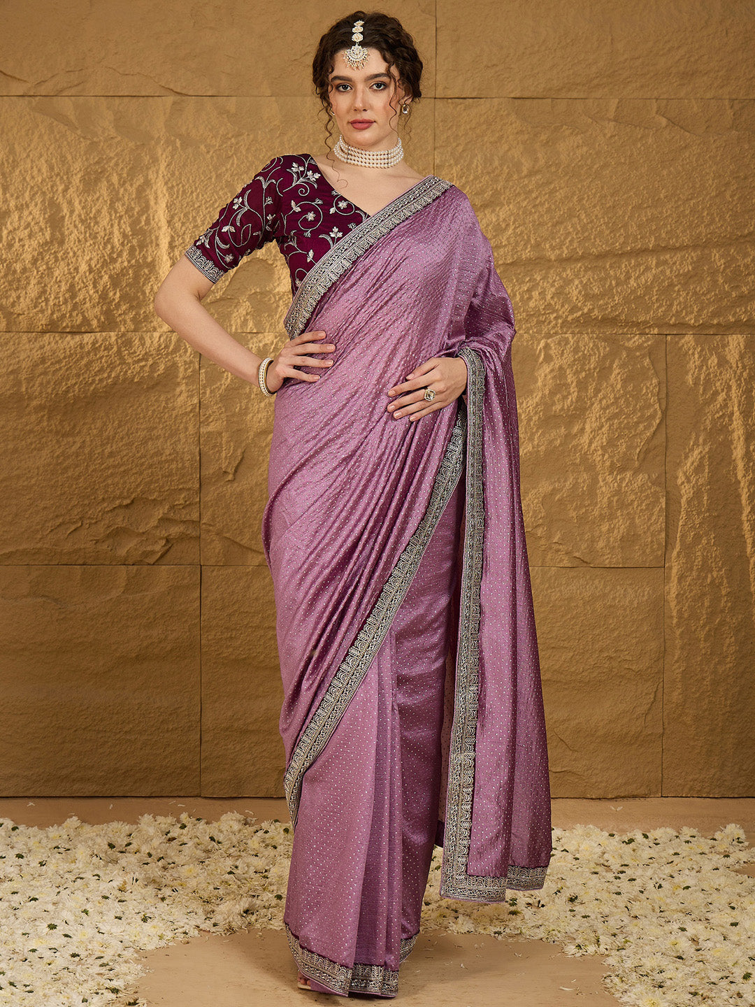 NOZ2TOZ Women's Vichitra Silk Mauve Embroidered Designer Saree With Blouse Piece - Distacart