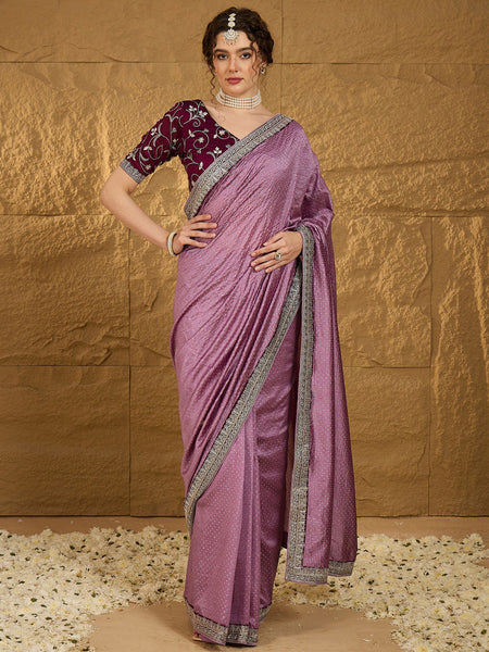 NOZ2TOZ Women's Vichitra Silk Mauve Embroidered Designer Saree With Blouse Piece - Distacart