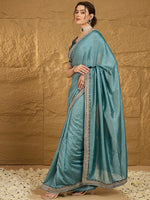 Thumbnail for NOZ2TOZ Women's Vichitra Silk Teal blue Embroidered Designer Saree With Blouse Piece - Distacart