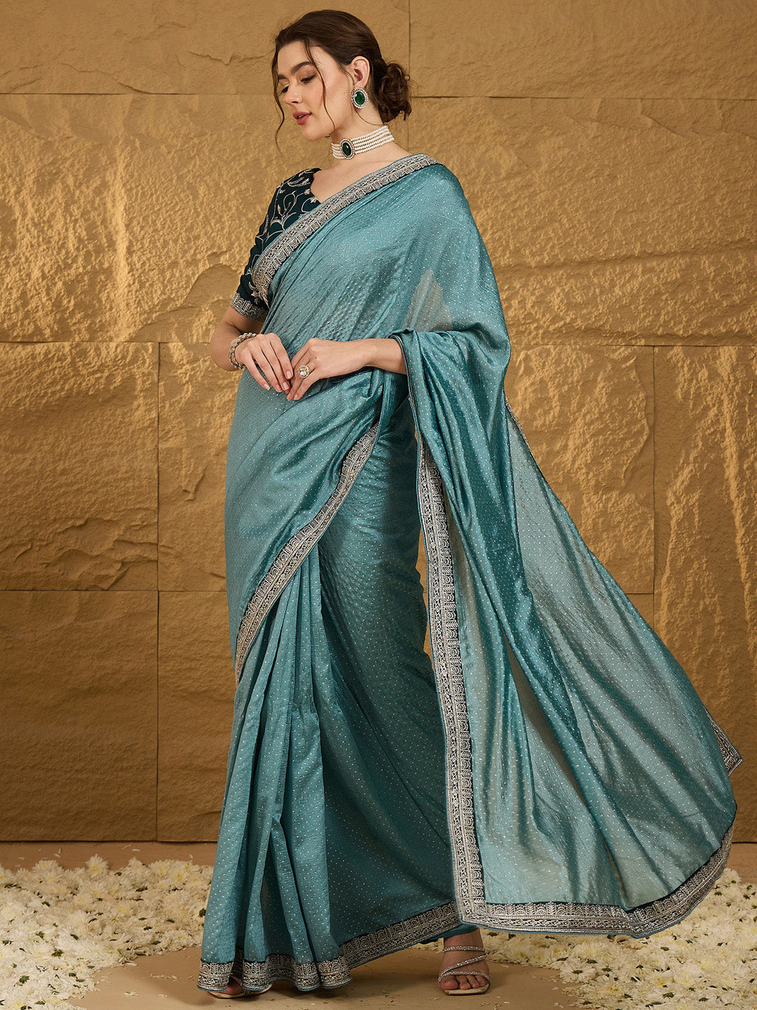 NOZ2TOZ Women's Vichitra Silk Teal blue Embroidered Designer Saree With Blouse Piece - Distacart