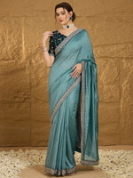Thumbnail for NOZ2TOZ Women's Vichitra Silk Teal blue Embroidered Designer Saree With Blouse Piece - Distacart