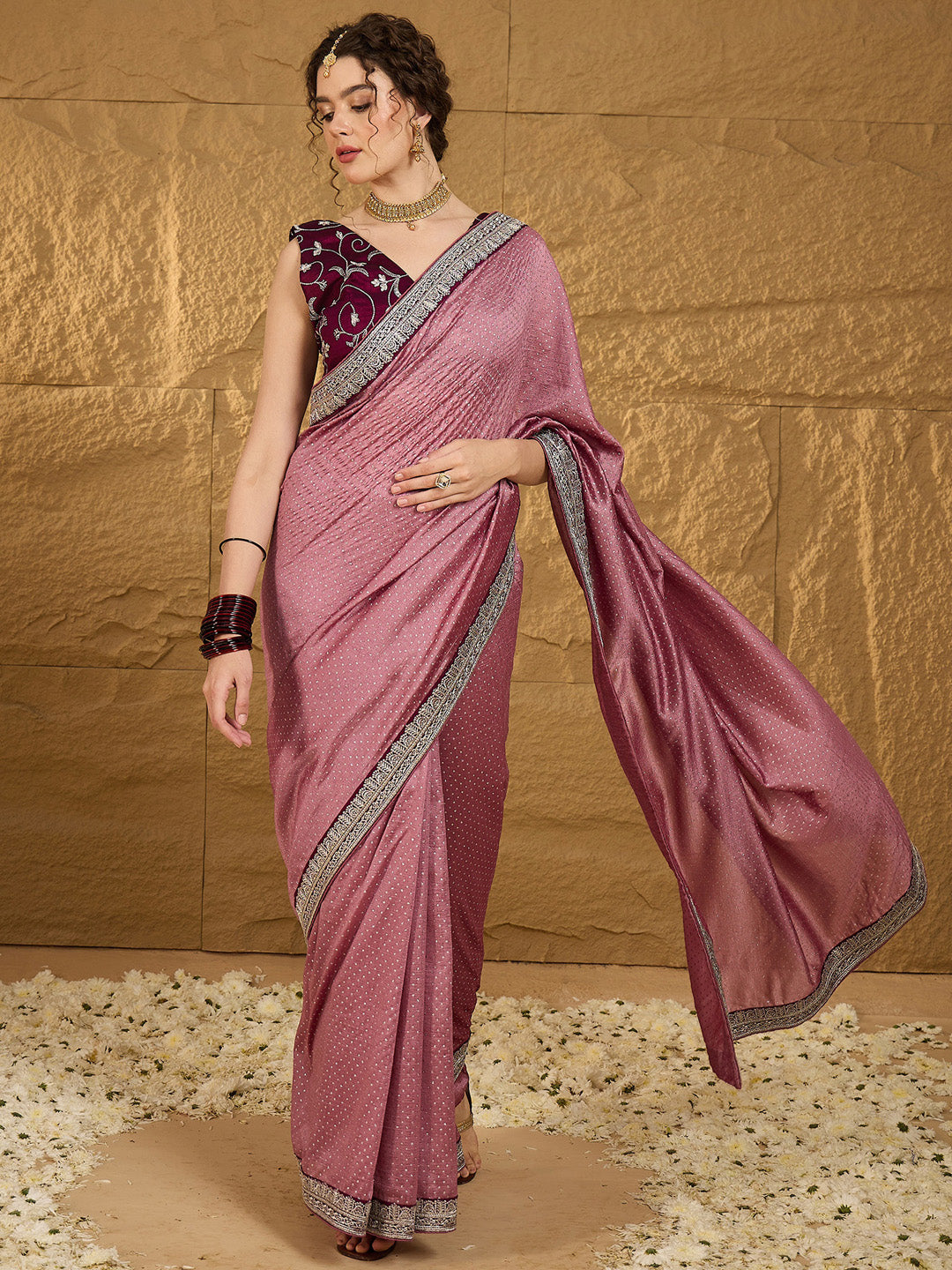 NOZ2TOZ Women's Vichitra Silk Mauve Embroidered Designer Saree With Blouse Piece - Distacart