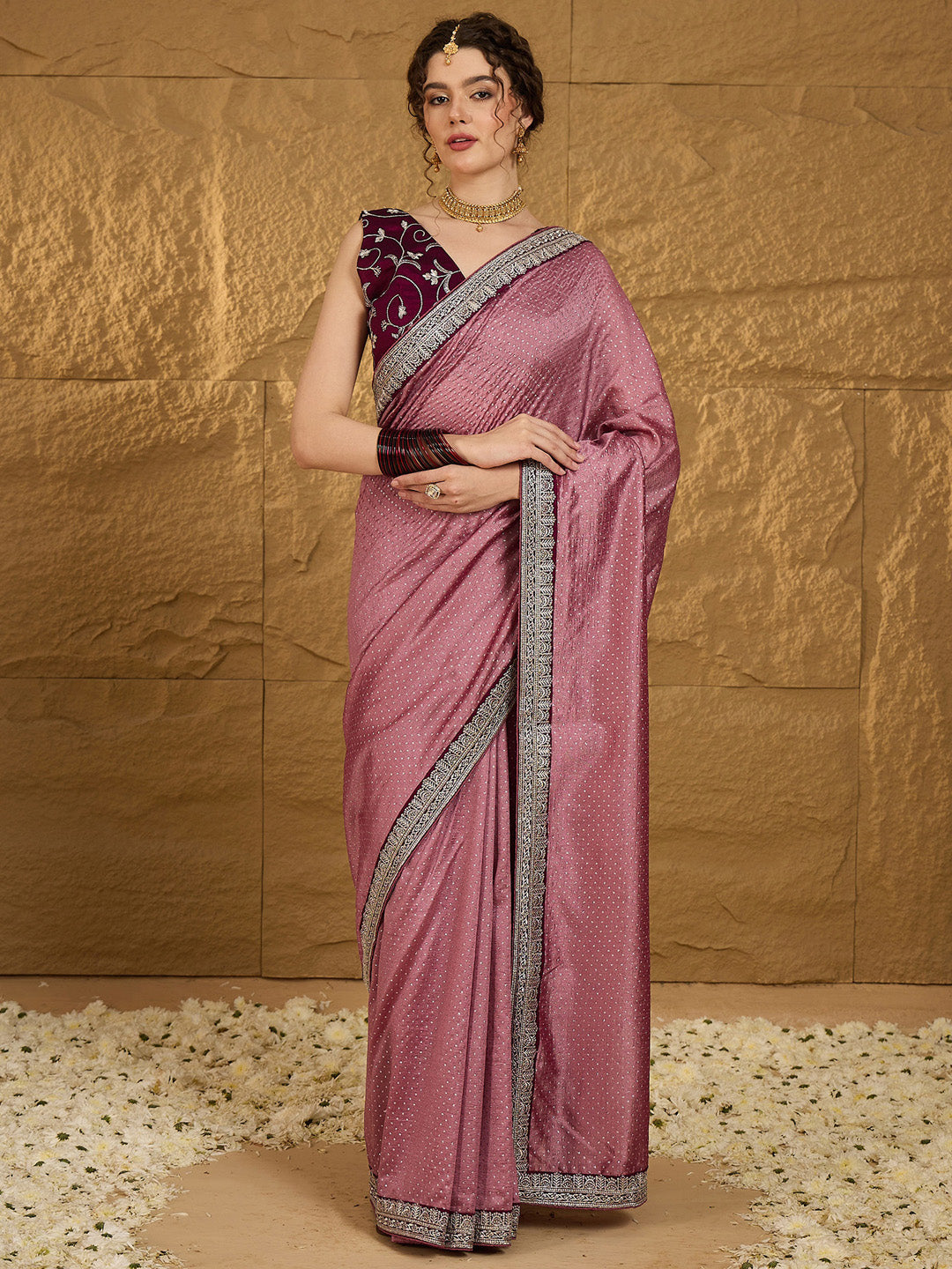NOZ2TOZ Women's Vichitra Silk Mauve Embroidered Designer Saree With Blouse Piece - Distacart