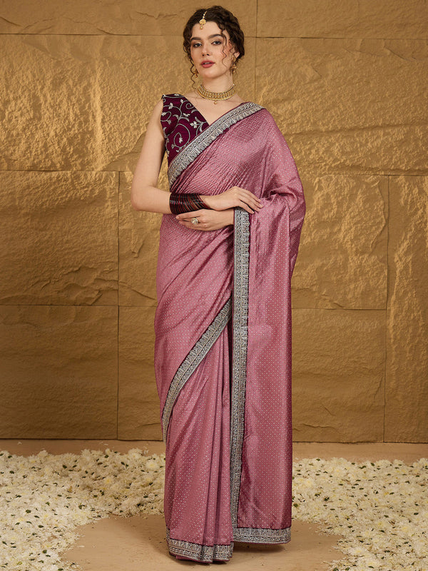 NOZ2TOZ Women's Vichitra Silk Mauve Embroidered Designer Saree With Blouse Piece - Distacart