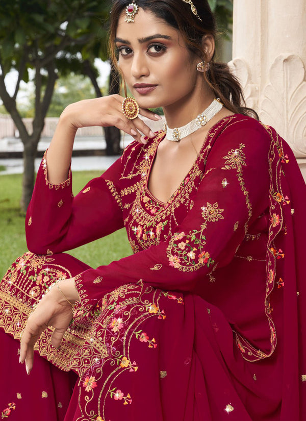 Vegaa Fashion Maroon Georgette Embroidery Designer Sharara Suit