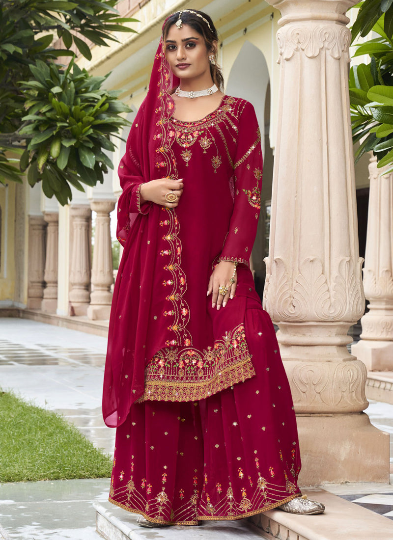 Vegaa Fashion Maroon Georgette Embroidery Designer Sharara Suit - Distacart