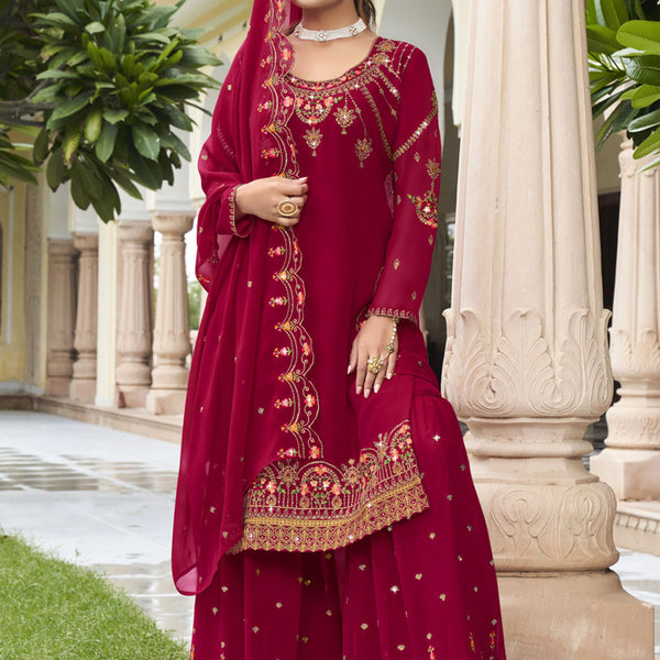 Vegaa Fashion Maroon Georgette Embroidery Designer Sharara Suit - Distacart