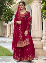 Thumbnail for Vegaa Fashion Maroon Georgette Embroidery Designer Sharara Suit