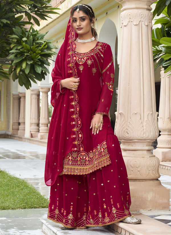 Vegaa Fashion Maroon Georgette Embroidery Designer Sharara Suit