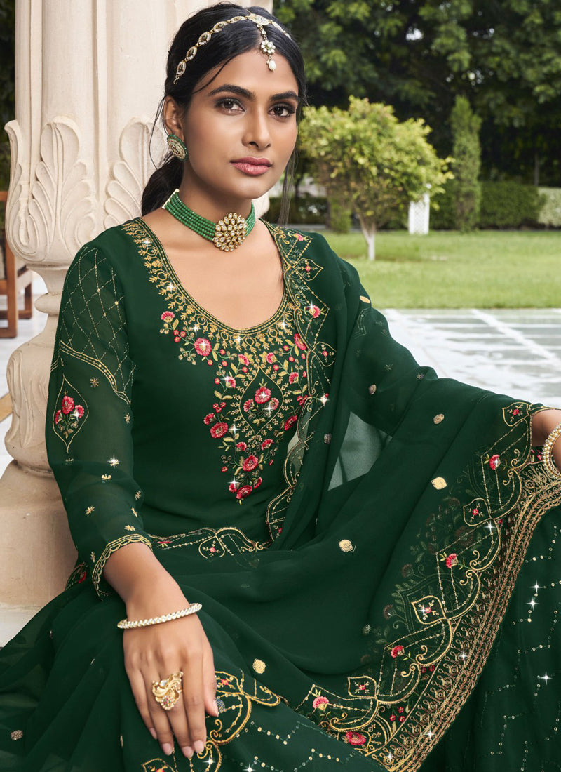 Vegaa Fashion Green Georgette Embroidery Designer Sharara Suit - Distacart