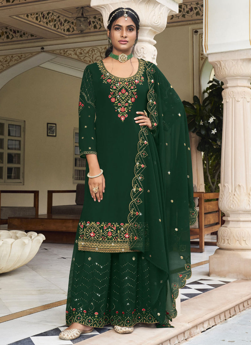 Vegaa Fashion Green Georgette Embroidery Designer Sharara Suit - Distacart