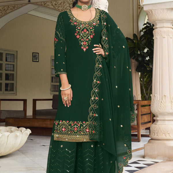 Vegaa Fashion Green Georgette Embroidery Designer Sharara Suit - Distacart