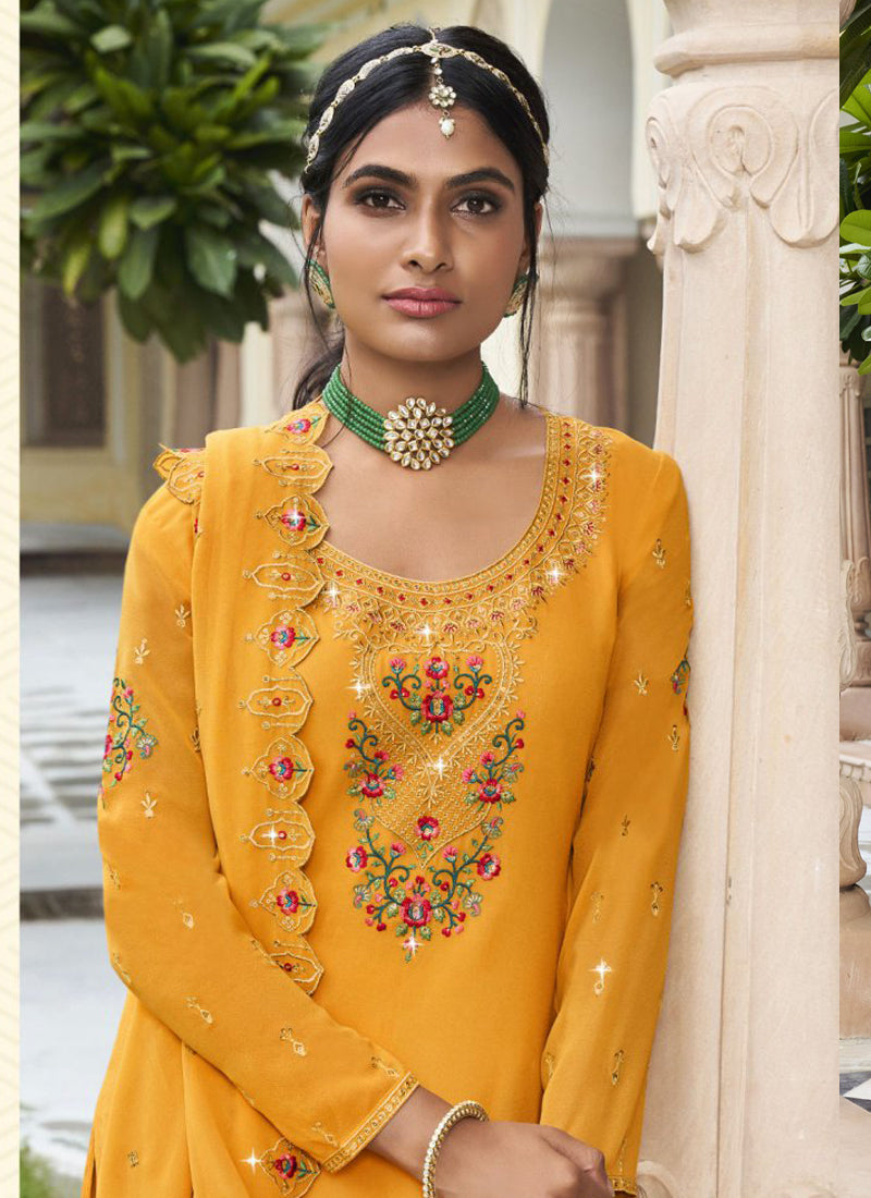 Vegaa Fashion Yellow Georgette Embroidery Designer Sharara Suit - Distacart