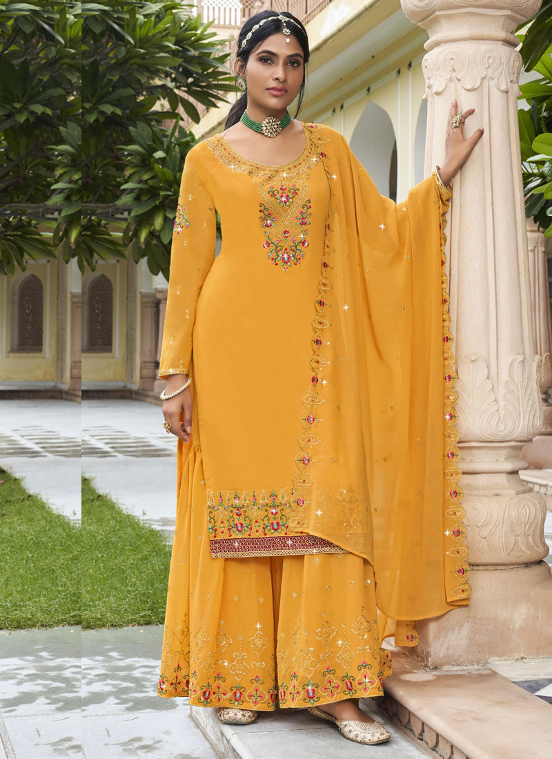Vegaa Fashion Yellow Georgette Embroidery Designer Sharara Suit - Distacart