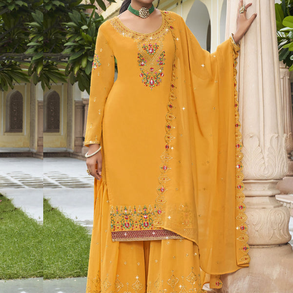 Vegaa Fashion Yellow Georgette Embroidery Designer Sharara Suit - Distacart