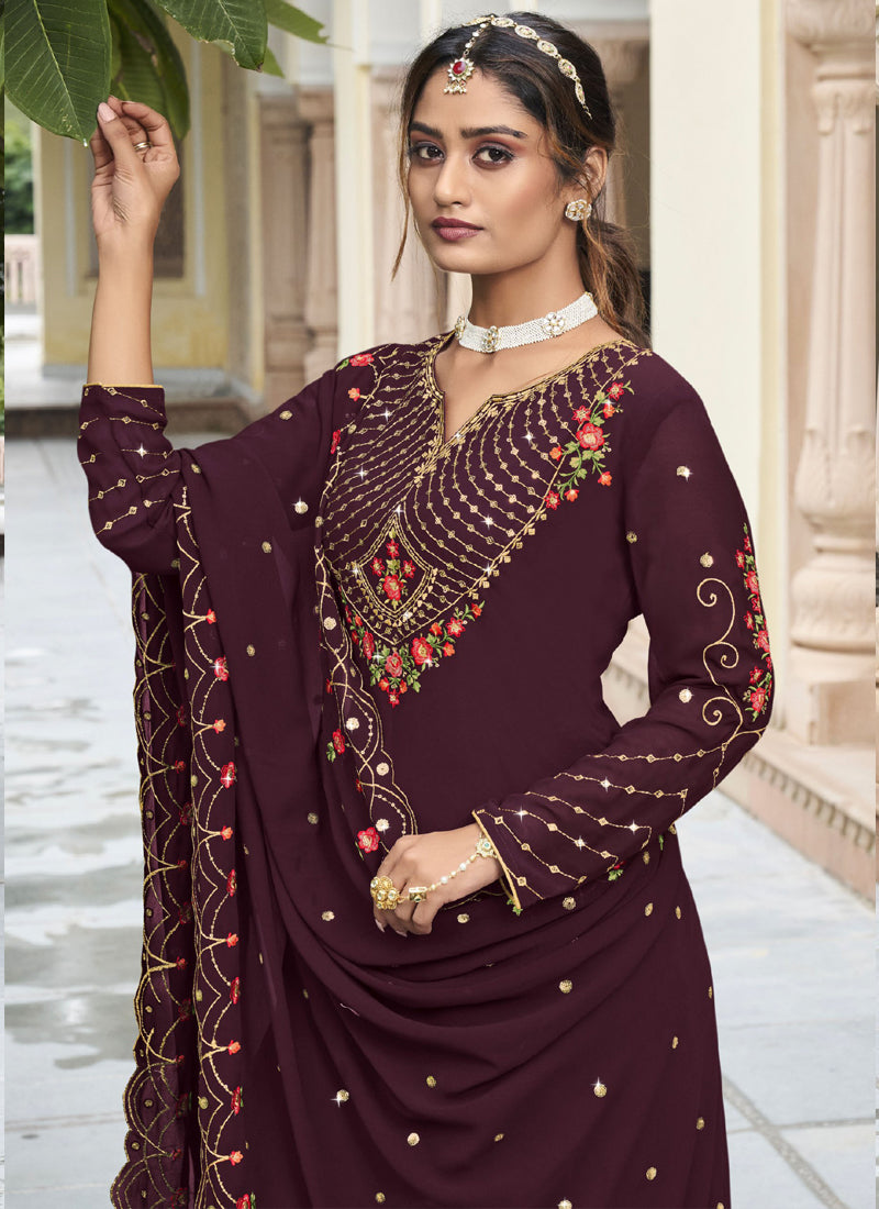 Vegaa Fashion Violet Georgette Embroidery Designer Sharara Suit - Distacart