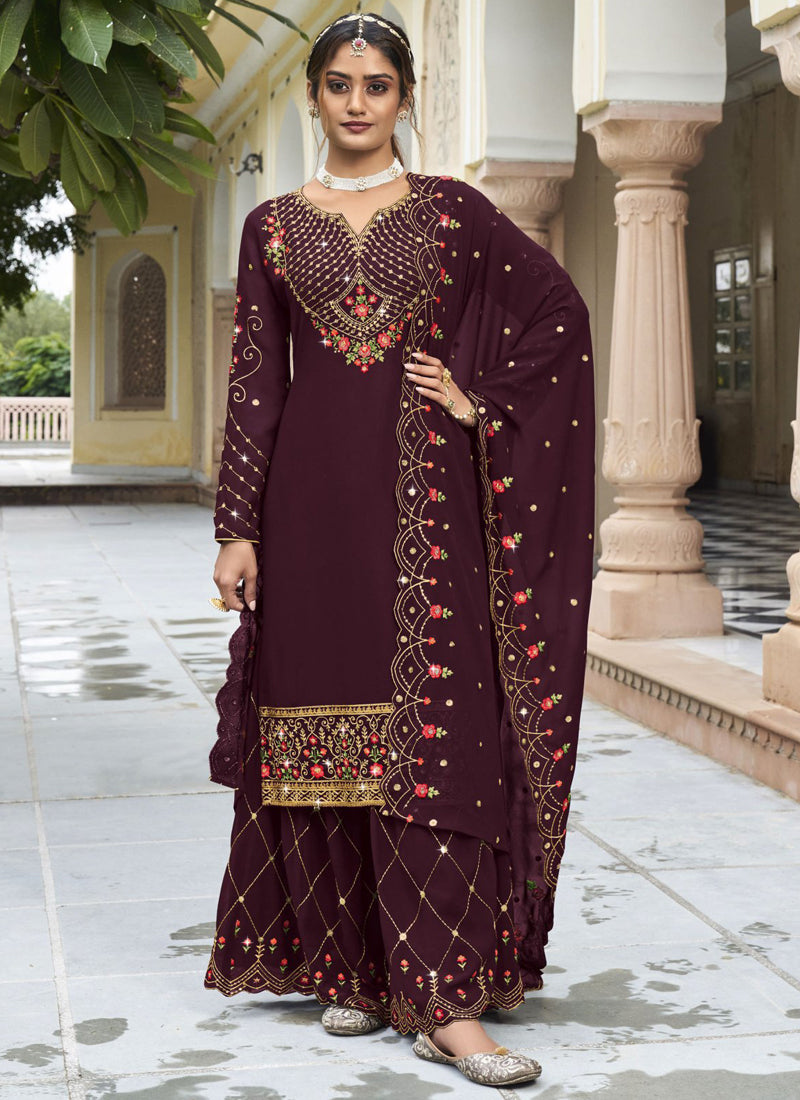 Vegaa Fashion Violet Georgette Embroidery Designer Sharara Suit - Distacart