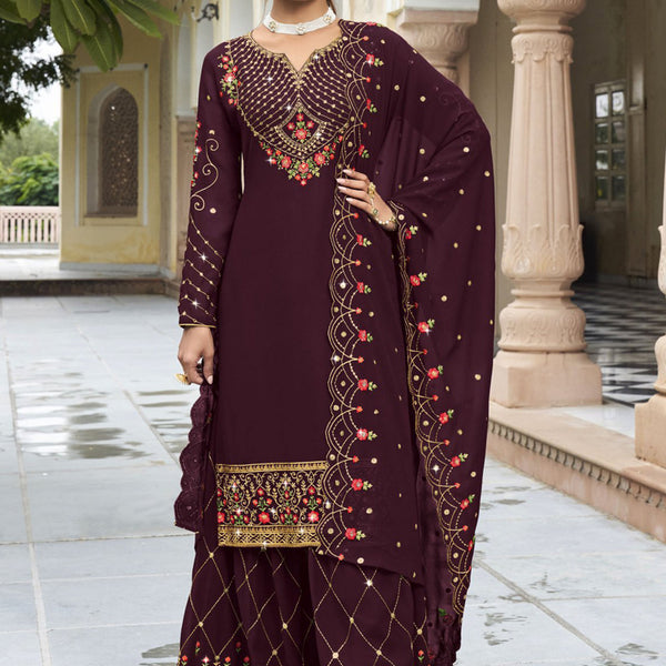 Vegaa Fashion Violet Georgette Embroidery Designer Sharara Suit - Distacart