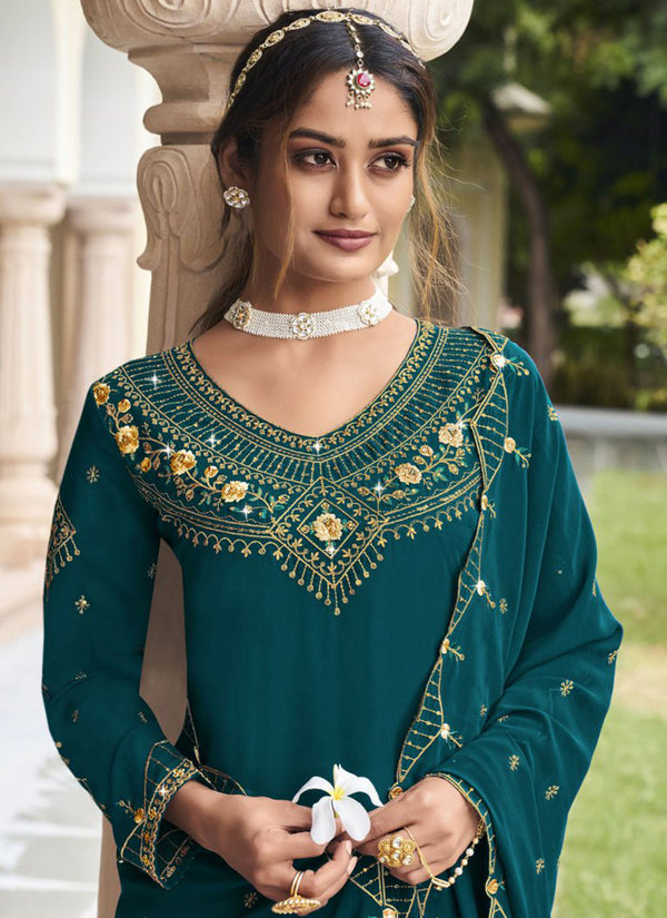 Vegaa Fashion Teal Georgette Embroidery Designer Sharara Suit