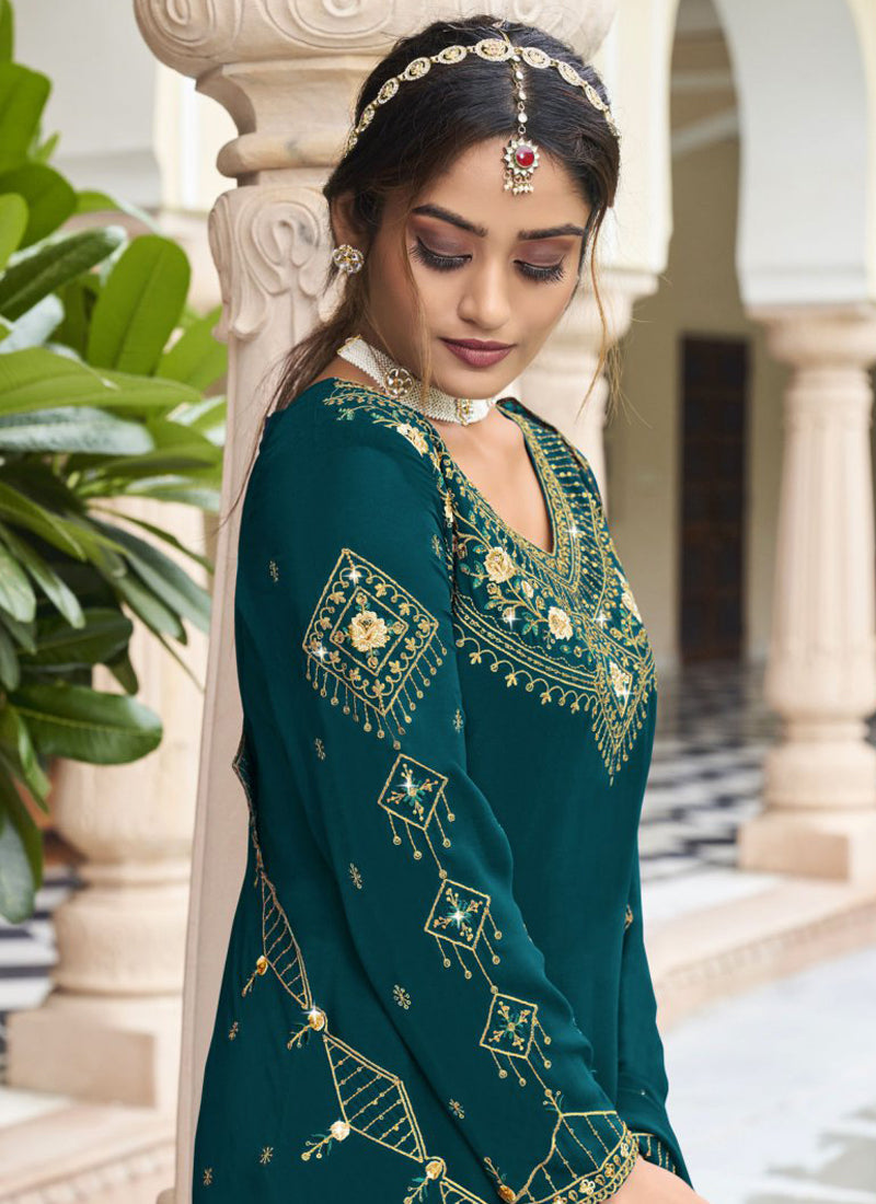 Vegaa Fashion Teal Georgette Embroidery Designer Sharara Suit