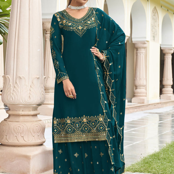 Vegaa Fashion Teal Georgette Embroidery Designer Sharara Suit - Distacart