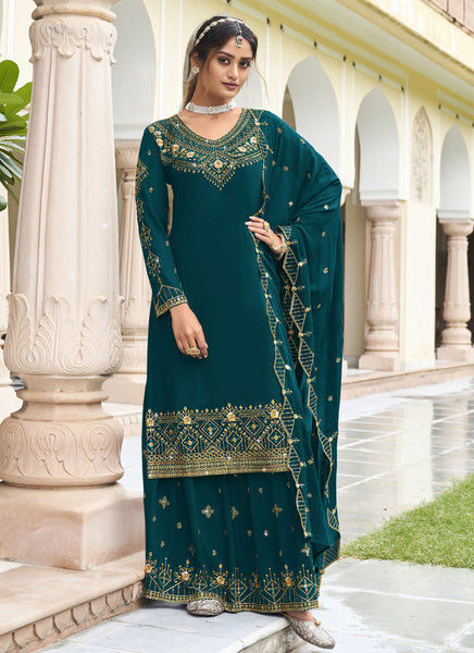 Vegaa Fashion Teal Georgette Embroidery Designer Sharara Suit