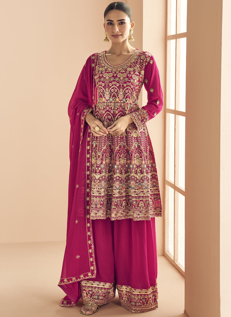 Vegaa Fashion Pink Georgette Embroidered Designer Palazzo Suit