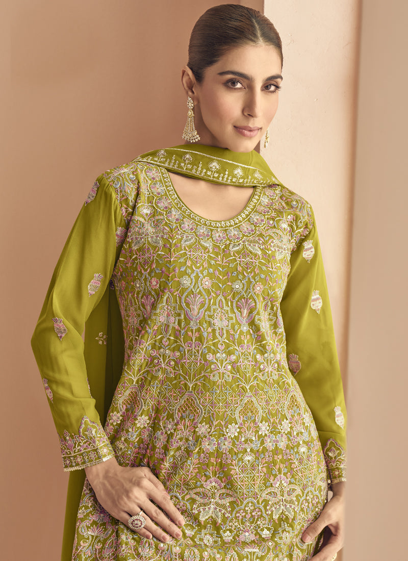 Vegaa Fashion Mehendi Georgette Embroidered Designer Palazzo Suit