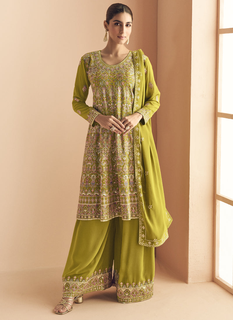 Vegaa Fashion Mehendi Georgette Embroidered Designer Palazzo Suit