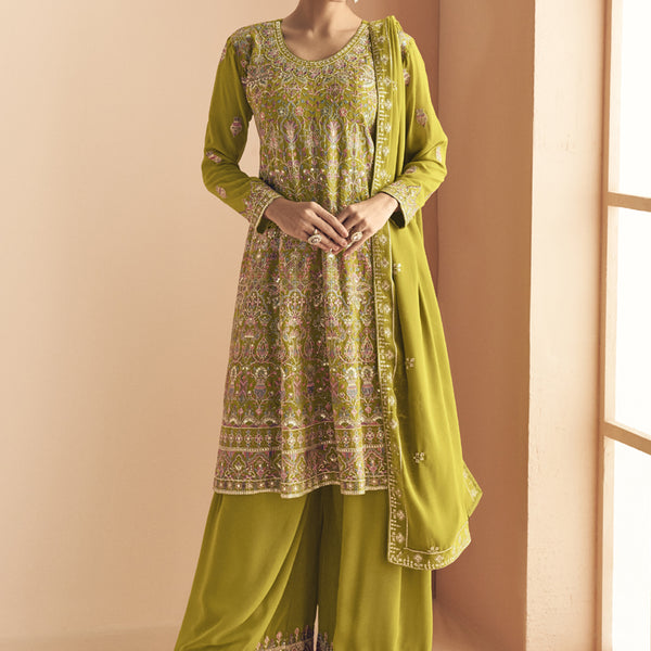 Vegaa Fashion Mehendi Georgette Embroidered Designer Palazzo Suit